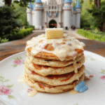 Colorful plate of fluffy Cinderella Happily Ever After Pancakes topped with fresh berries, sprinkles, and a drizzle of syrup, arranged elegantly with fairy tale-themed decorations, all on a pastel-colored table setting, capturing a whimsical and enchanting breakfast scene.