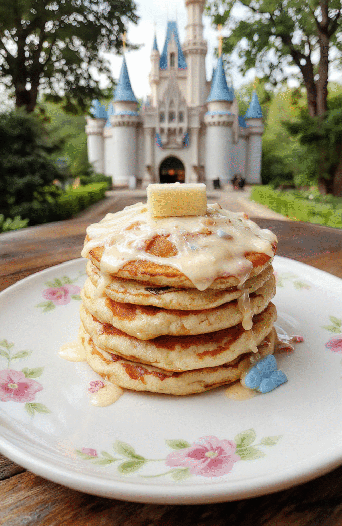 Colorful plate of fluffy Cinderella Happily Ever After Pancakes topped with fresh berries, sprinkles, and a drizzle of syrup, arranged elegantly with fairy tale-themed decorations, all on a pastel-colored table setting, capturing a whimsical and enchanting breakfast scene.