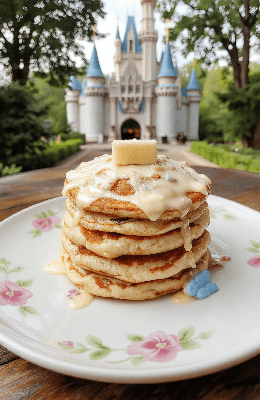 Colorful plate of fluffy Cinderella Happily Ever After Pancakes topped with fresh berries, sprinkles, and a drizzle of syrup, arranged elegantly with fairy tale-themed decorations, all on a pastel-colored table setting, capturing a whimsical and enchanting breakfast scene.