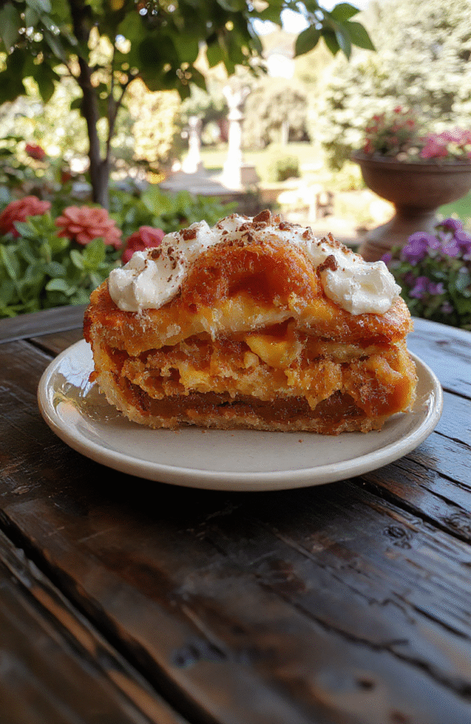 A beautifully crafted Cinderella Pumpkin Carriage Pie on a rustic wooden surface, featuring golden crust shaped like a fairy tale carriage, topped with powdered sugar and edible glitter. The pie’s vibrant orange pumpkin filling is visible through intricately designed lattice crust, with a whimsical theme that evokes magic and fairy tales, styled with soft natural light and subtle shadows.
