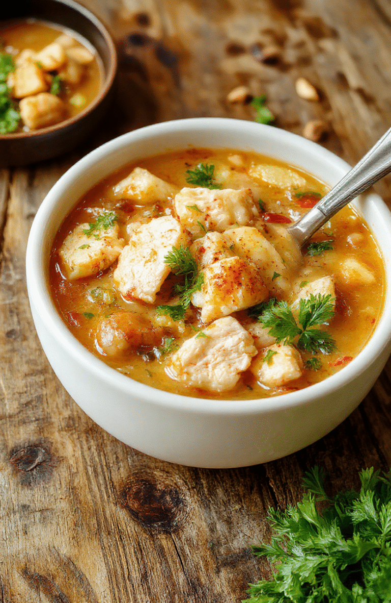 A steaming bowl of chicken noodle soup vibrant with orange carrots, green celery, and shredded chicken, topped with fresh parsley, served in a rustic white bowl on a wooden table, with a soft-focus background.