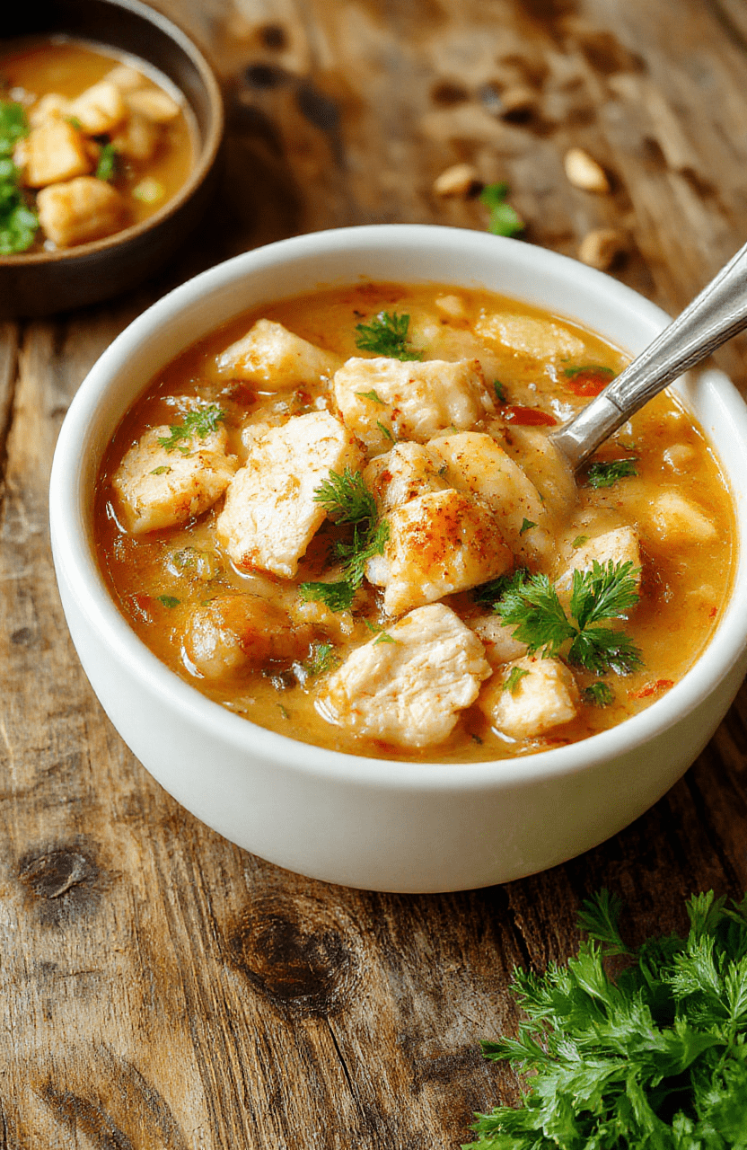 A steaming bowl of chicken noodle soup vibrant with orange carrots, green celery, and shredded chicken, topped with fresh parsley, served in a rustic white bowl on a wooden table, with a soft-focus background.
