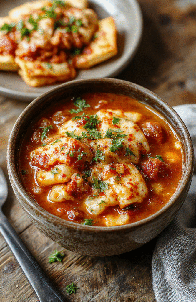 A vibrant bowl of lasagna soup with layers of melted cheese, pasta, and hearty tomato broth, garnished with fresh basil and grated Parmesan, served on a rustic wooden table with warm lighting highlighting the rich textures and inviting colors.