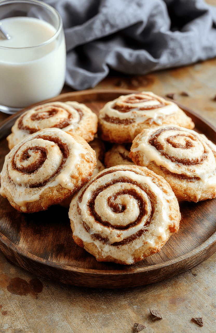 A close-up of cinnamon roll cookies with swirls of rich cinnamon filling, glazed with shiny icing, arranged on a rustic wooden plate. The cookies have a golden-brown top with a soft, chewy texture visible along the edges. The background features warm, cozy autumn tones with a hint of fall spices and a hint of cinnamon sticks nearby.