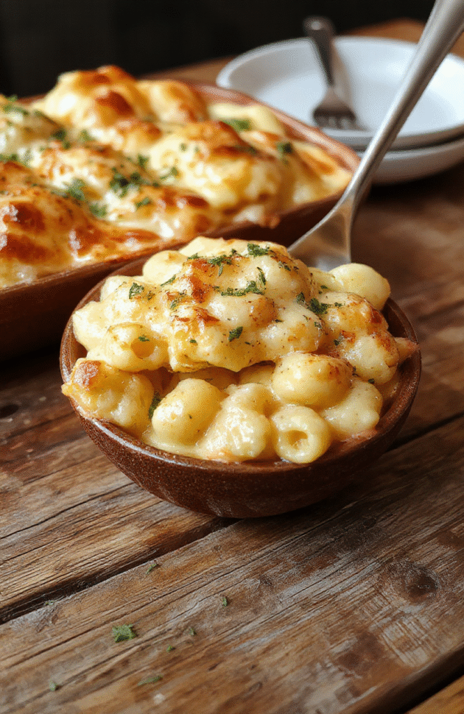 A rich, golden-brown baked mac and cheese served in a rustic white dish. The pasta is creamy, cheesy, with a crispy breadcrumb topping. The dish is styled on a wooden table with a hint of fresh herbs and melted cheese stretching as it's lifted, showcasing textures and vibrant colors.