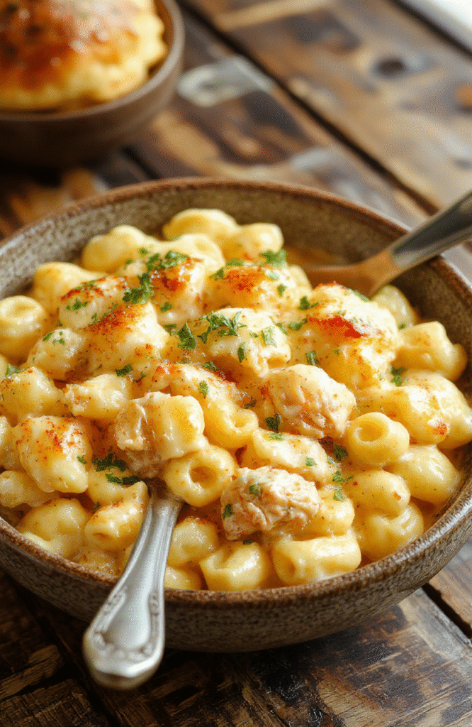 A bowl of creamy chicken mac and cheese on a rustic wooden table. The dish features tender pasta coated in a rich, smooth cheese sauce with chunks of seasoned chicken, garnished with a sprinkle of fresh herbs. The vibrant yellow and orange cheese contrasts with the crispy breadcrumb topping, creating a warm and appetizing presentation. The background includes a wooden spoon and a small bowl of extra cheese, styled casually for a comforting home-cooked feel.