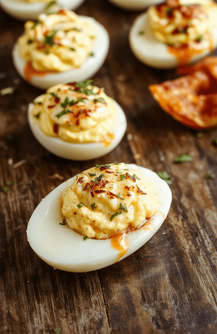 A close-up of creamy deviled eggs arranged on a white platter, garnished with paprika and chopped chives, with a smooth filling contrasting the firm egg whites, styled simply on a rustic wooden table with natural daylight