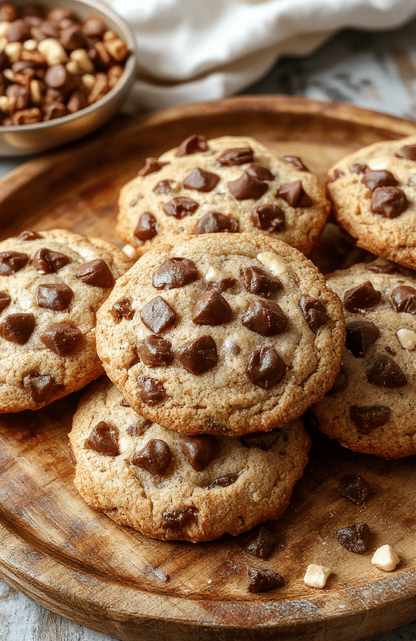 A close-up of a stack of golden-brown cowboy cookies with visible chocolate chips and chopped nuts, arranged on a rustic wooden plate. The cookies look soft and melt-in-your-mouth with a slightly crispy exterior. The background features a blurred cozy farmhouse kitchen scene with warm lighting, enhancing the inviting and comforting atmosphere.