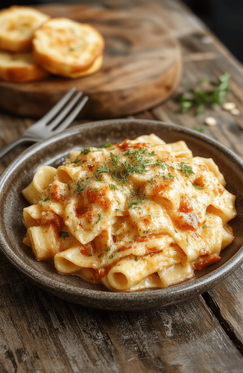 A vibrant plate of creamy Italian rigatoni with a rich sauce, topped with fresh herbs and grated cheese, presented on a rustic wooden table with a sprinkle of herbs in the background