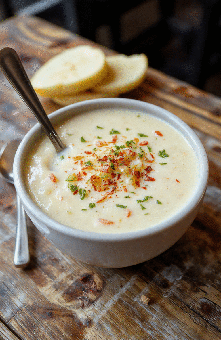 A comforting bowl of creamy loaded potato soup topped with shredded cheese, chopped green onions, crispy bacon bits, and a dollop of sour cream on a rustic wooden table. The soup has a thick, velvety texture with golden-brown potato chunks visible, garnished with fresh herbs for a vibrant touch. The background features a cozy kitchen scene, warm lighting highlighting the rich, inviting colors of the dish.