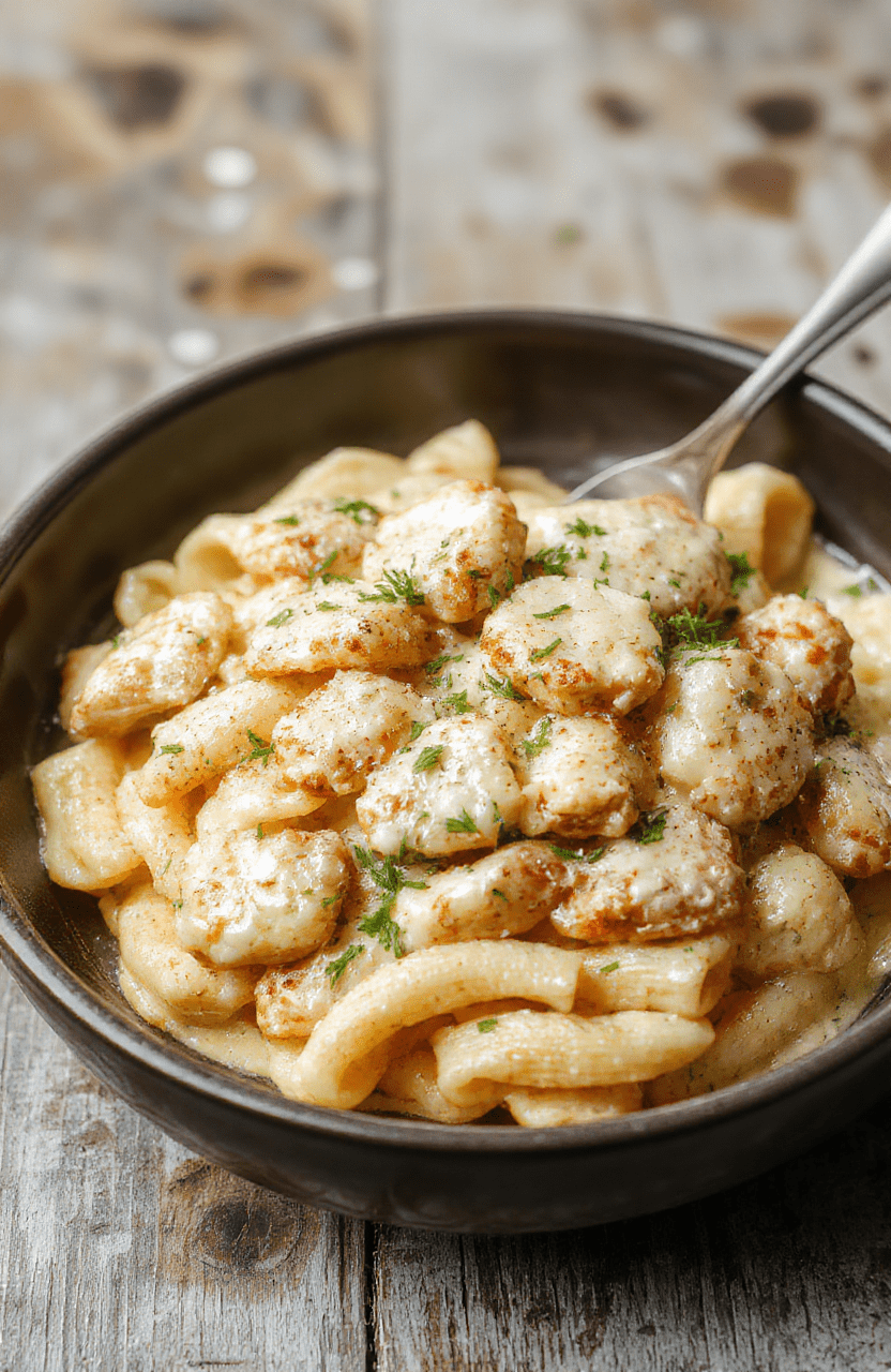 A vibrant plate of creamy chicken parmesan pasta featuring tender shredded chicken coated in rich parmesan sauce, garnished with fresh basil and grated parmesan, served on a rustic white plate with a backdrop of a wooden table and soft natural lighting highlighting the glossy sauce and cheesy textures.