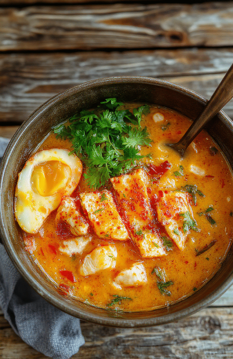 A close-up of a steaming bowl of spicy chicken ramen with creamy broth, topped with sliced grilled chicken, soft boiled eggs, green onions, and chili flakes, garnished with fresh herbs. The vibrant orange-red broth contrasts with the white bowl, creating an inviting, warm presentation with textures of tender chicken, chewy noodles, and smooth eggs.