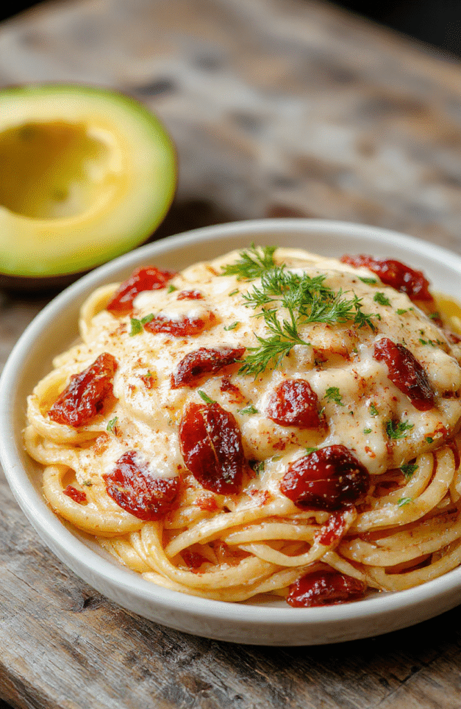 A vibrant plate of creamy spaghetti topped with chopped sun-dried tomatoes, garnished with fresh basil, served with a sprinkle of grated cheese. The pasta is glossy, with a rich tomato sauce, presented on a rustic white plate. Surrounding the dish are fresh ingredients like sun-dried tomatoes, garlic, and basil leaves, styled casually on a wooden surface with natural daylight.
