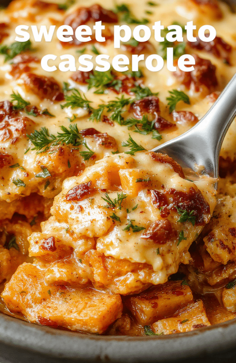 A vibrant and creamy sweet potato casserole in a rustic ceramic baking dish, topped with toasted marshmallows and chopped pecans, garnished with fresh herbs, presented on a wooden table with warm lighting.