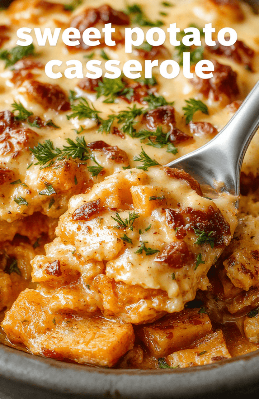 A vibrant and creamy sweet potato casserole in a rustic ceramic baking dish, topped with toasted marshmallows and chopped pecans, garnished with fresh herbs, presented on a wooden table with warm lighting.