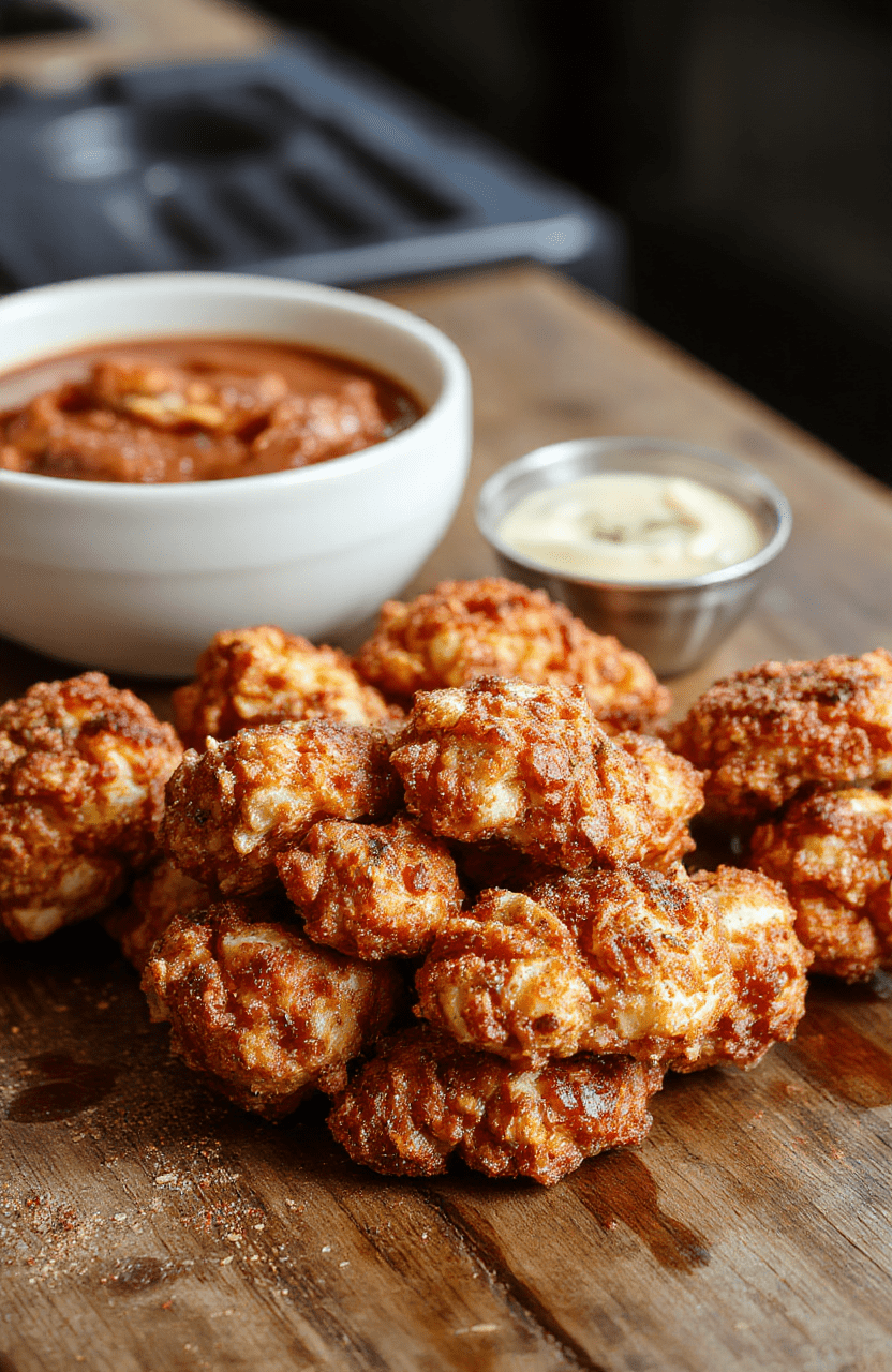 A vibrant plate of golden, crispy popcorn chicken arranged on a white ceramic platter, garnished with fresh herbs, with a side of dipping sauces. The popcorn chicken has a crunchy exterior and tender interior, with textures visible through the crispy coating. The dish is styled simply on a rustic wooden table with natural daylight highlighting the warm, inviting colors and textures.