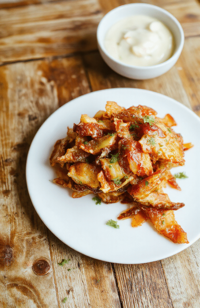 Golden crispy fried onions arranged neatly on a rustic white plate, with some onions cascading off the side. The onions are perfectly battered with a light, crunchy coating, showcasing their caramelized golden-brown color and textured surface. The background features a wooden table, and soft natural light emphasizes their crispy texture and appealing color.
