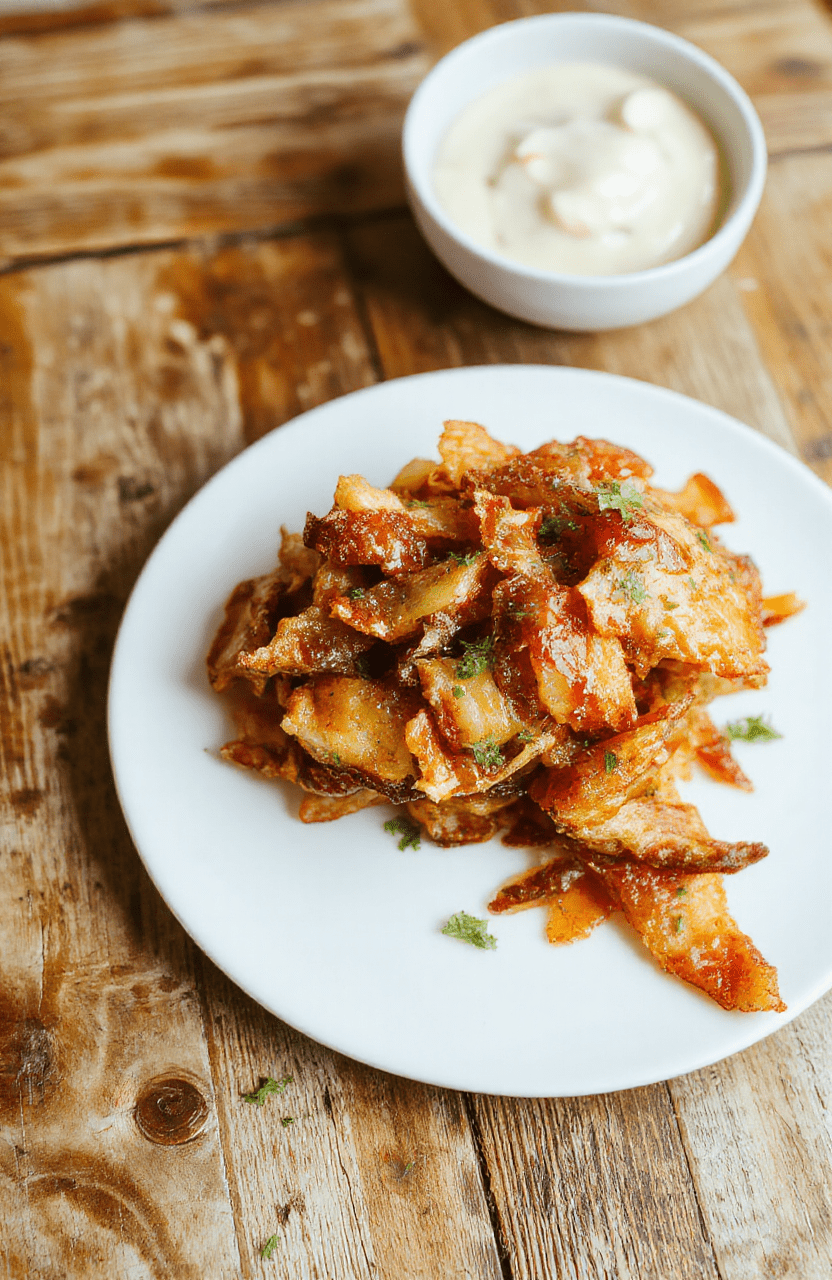 Golden crispy fried onions arranged neatly on a rustic white plate, with some onions cascading off the side. The onions are perfectly battered with a light, crunchy coating, showcasing their caramelized golden-brown color and textured surface. The background features a wooden table, and soft natural light emphasizes their crispy texture and appealing color.