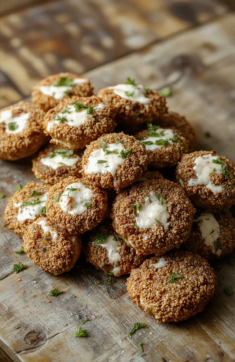 Golden brown crispy ranch mushrooms arranged on a white plate, garnished with fresh parsley, showcasing their textured coating and tender interior, with a vibrant background and soft natural lighting highlighting the rustic presentation.