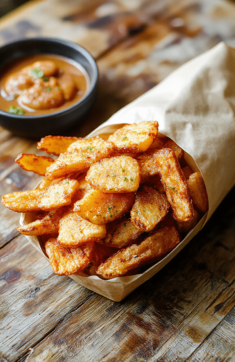 Golden-brown crispy sweet potato fries arranged on a white plate, garnished with fresh parsley, with a textured wooden background and a dipping sauce in the foreground, highlighting the crunchy texture and vibrant orange color of the fries.