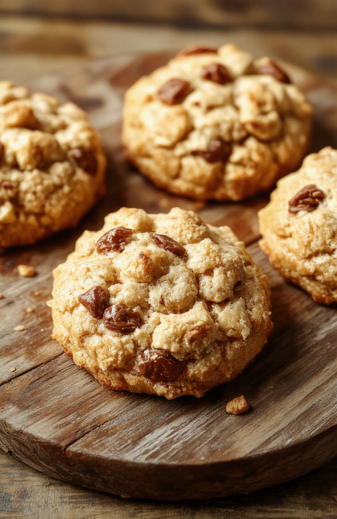 A close-up of crumble-topped coffee cake cookies arranged on a rustic wooden plate. The cookies have a golden-brown, crumbly topping with visible swirls of cinnamon and sugar. The surface texture looks flaky and crunchy, contrasted by a soft, moist interior. The background features a cozy, neutral-toned cloth, emphasizing warmth and homemade appeal.