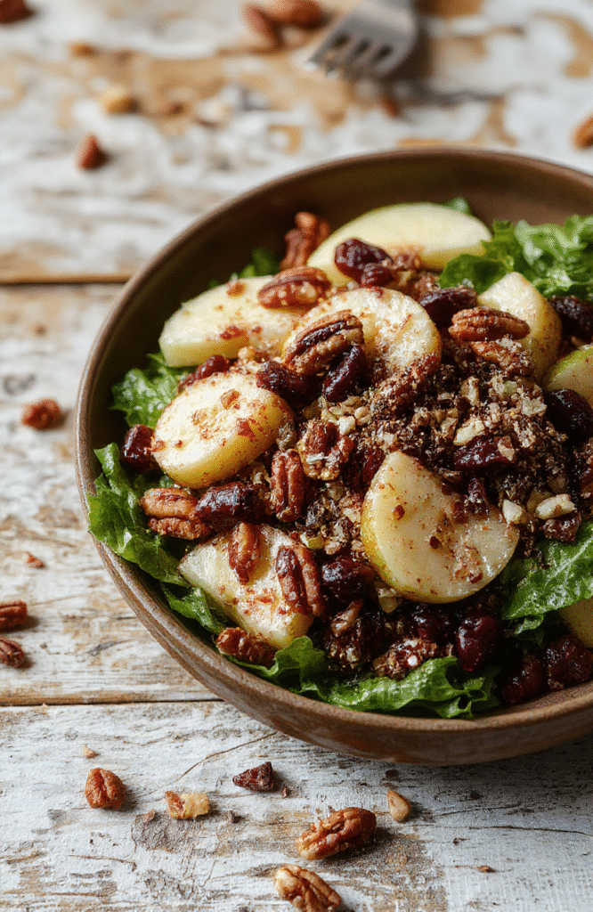 A vibrant salad featuring crisp apple slices, tart cranberries, and crunchy pecans arranged on a white plate. The colorful ingredients are drizzled with a light dressing, with some cranberries and pecans sprinkled on top. Fresh greens and a hint of citrus zest add brightness, styled on a rustic wooden table with natural daylight highlighting the textures and colors.