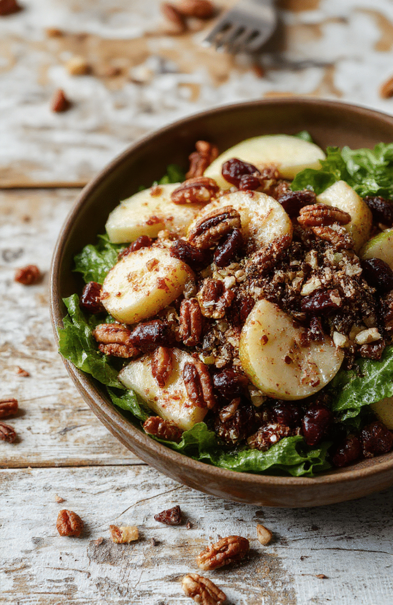A vibrant salad featuring crisp apple slices, tart cranberries, and crunchy pecans arranged on a white plate. The colorful ingredients are drizzled with a light dressing, with some cranberries and pecans sprinkled on top. Fresh greens and a hint of citrus zest add brightness, styled on a rustic wooden table with natural daylight highlighting the textures and colors.