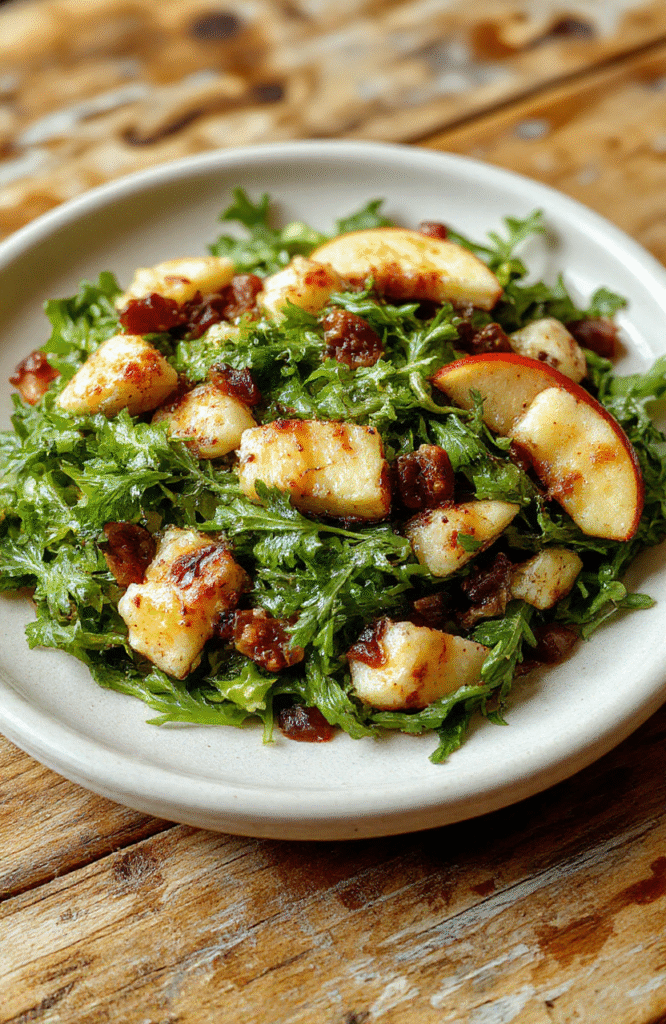 A vibrant bowl of crisp apple arugula salad featuring thinly sliced green apples, fresh arugula leaves, sprinkled walnuts, and crumbled feta cheese. The colorful ingredients are arranged beautifully on a white plate with a drizzle of vinaigrette, highlighting the crunchy textures and fresh greens, styled casually with a rustic wooden table background.