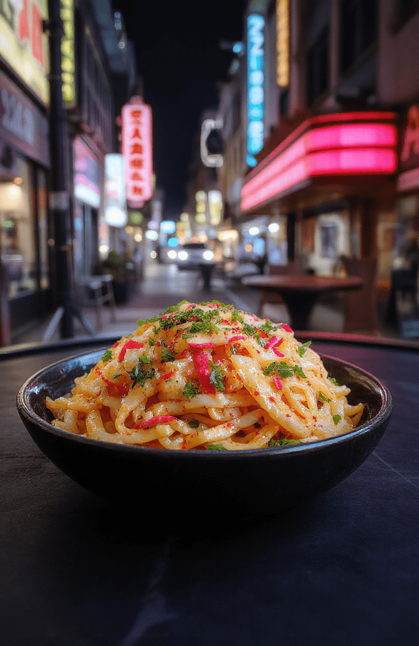 Vibrant neon-colored noodle salad arranged in a sleek, modern bowl. Bright pink, electric blue, and lime green noodles are topped with glowing edible accents, fresh cilantro, and crisp vegetables. The dish has a glossy, inviting appearance with a futuristic aesthetic, styled with LED-like garnishes on a dark matte surface.