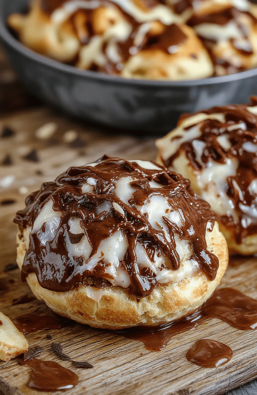 A golden-brown layered chocolate croissant bake drizzled with glossy chocolate glaze, served in a rustic white dish, garnished with fresh berries and powdered sugar. The texture appears flaky and fluffy with melted chocolate peeking through, styled on a wooden table with a cozy breakfast setting.