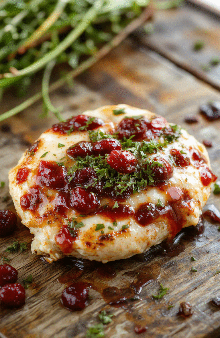 A vibrant plated dish featuring tender chicken breasts topped with melted brie cheese, glossy cranberry sauce, and fresh herbs. The background showcases a cozy holiday table setting with warm lighting, garnished with cranberries and sprigs of thyme. The textures contrast the creamy cheese, juicy chicken, and glossy berries, styled simply for an inviting presentation.