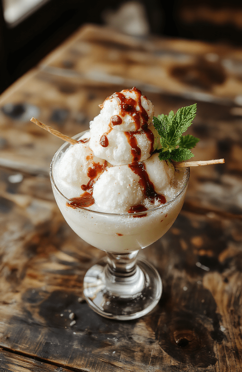 A vibrant and creamy snowman-shaped cocktail garnished with a chocolate shavings and a mini peppermint stick, served in a clear glass with whipped cream topping, surrounded by holiday decorations with a warm, cozy background in red and gold tones.