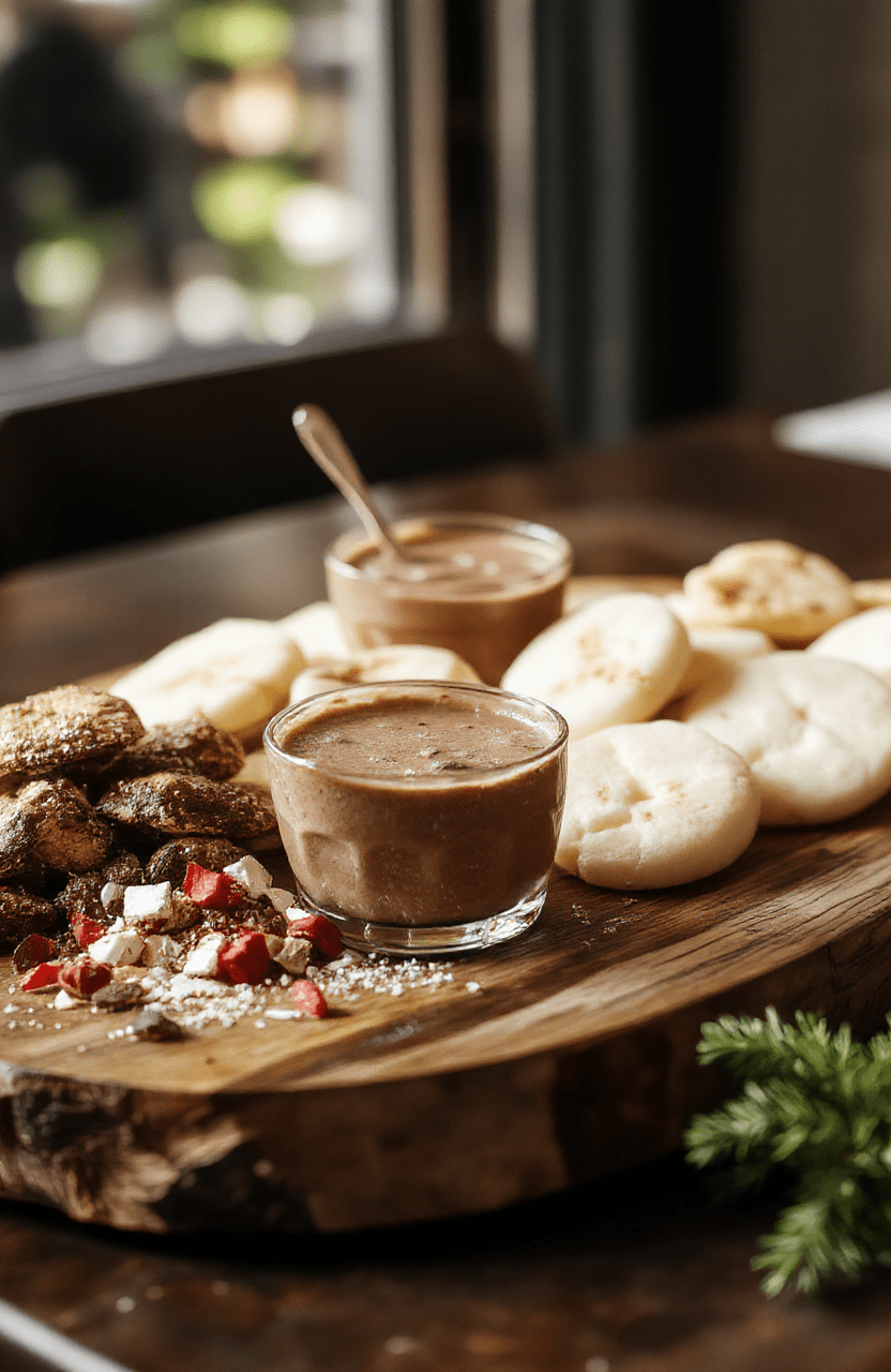 A rich, creamy hot chocolate board featuring an assortment of melted chocolate, marshmallows, whipped cream, and colorful toppings arranged on a rustic wooden platter. The vibrant toppings include peppermint candies, crushed cookies, and sprinkles, creating a festive and inviting holiday setting. The background showcases cozy holiday decor with soft lighting, enhancing the warm, indulgent atmosphere. The textures vary from smooth melted chocolate to fluffy marshmallows and crunchy toppings.