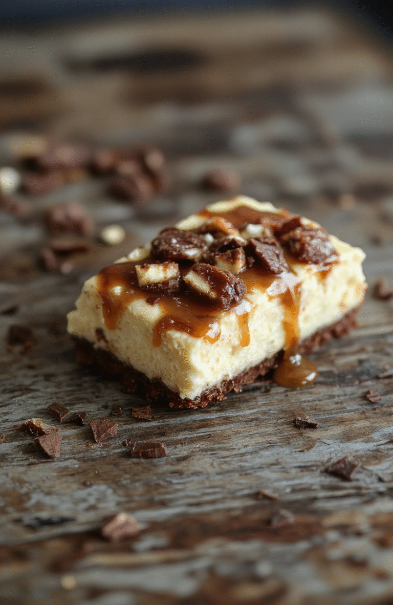 A luscious slice of turtle cheesecake with a glossy caramel and chocolate topping, garnished with pecans and swirls of caramel sauce on a white plate, set against a rustic wooden table with scattered pecans and chocolate pieces. The rich textures and smooth layers highlight indulgence and decadence.