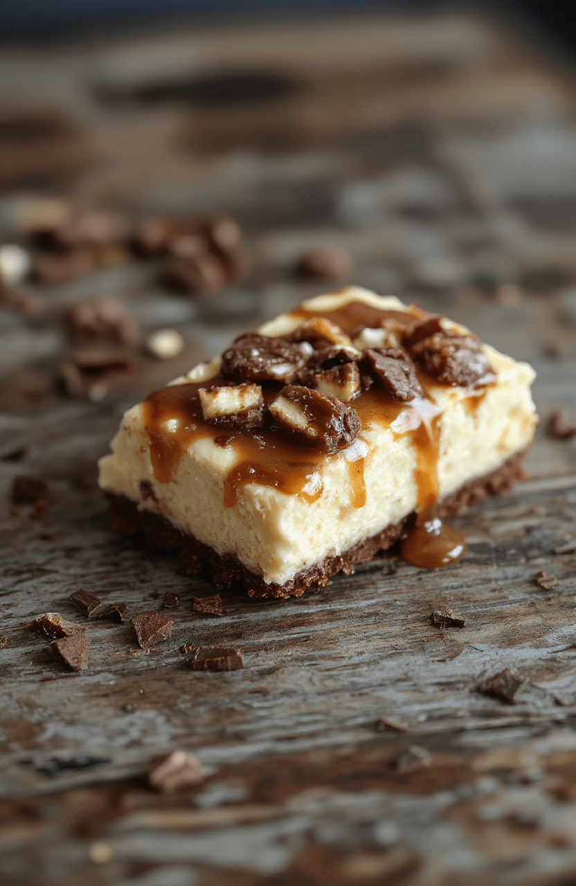 A luscious slice of turtle cheesecake with a glossy caramel and chocolate topping, garnished with pecans and swirls of caramel sauce on a white plate, set against a rustic wooden table with scattered pecans and chocolate pieces. The rich textures and smooth layers highlight indulgence and decadence.