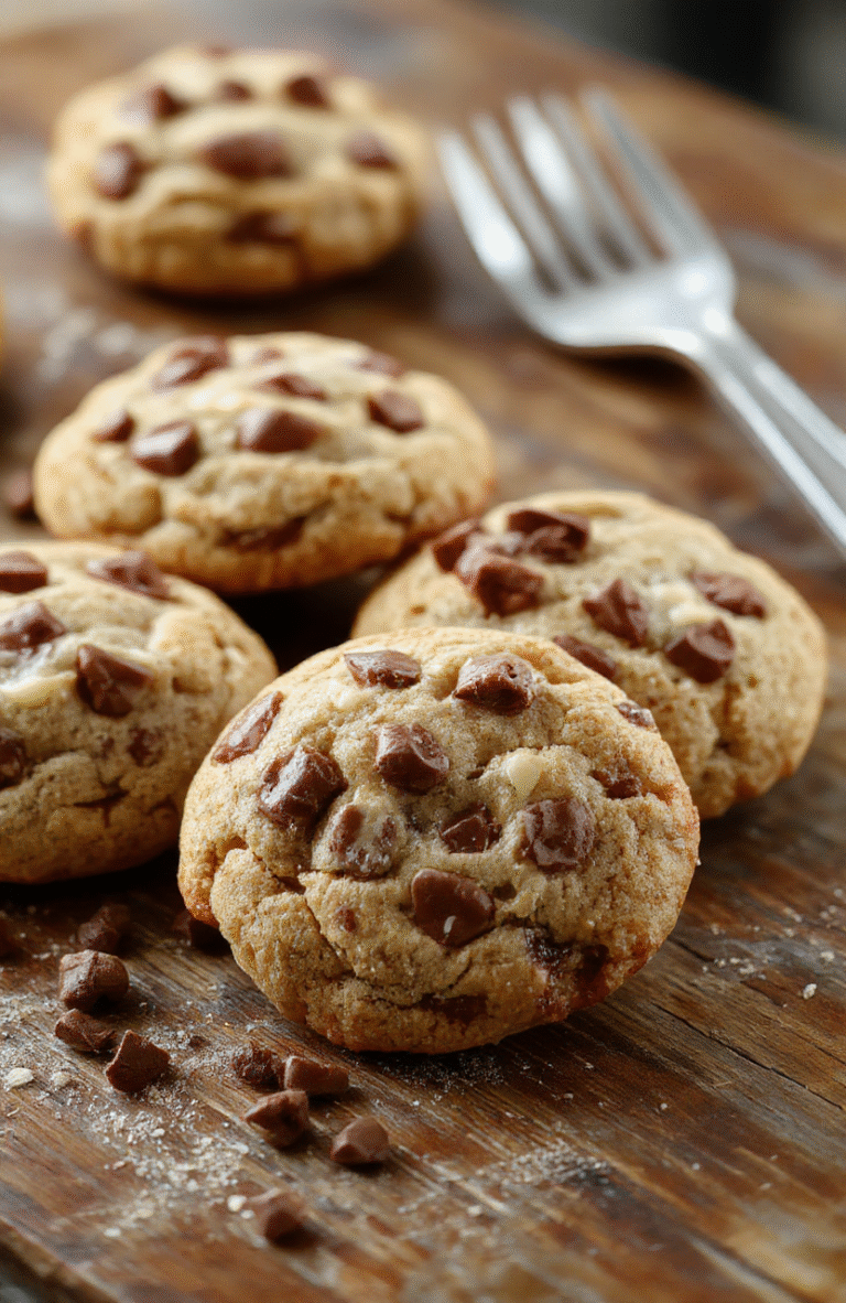 A close-up of golden-brown coffee cake cookies stacked on a rustic wooden plate, topped with a crumbly streusel and a drizzle of glaze, with warm autumn-themed decor in the background, showcasing the sweet and textured surface of the cookies.