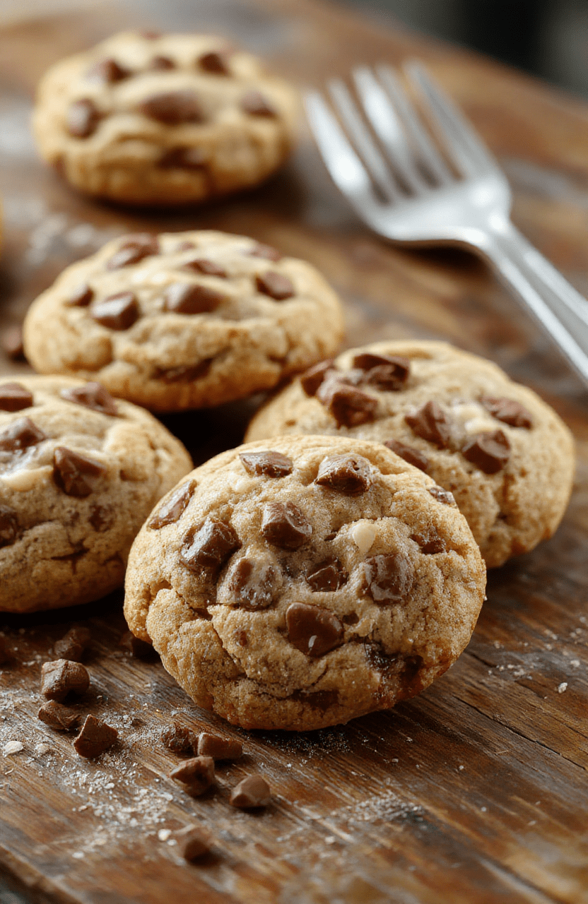 A close-up of golden-brown coffee cake cookies stacked on a rustic wooden plate, topped with a crumbly streusel and a drizzle of glaze, with warm autumn-themed decor in the background, showcasing the sweet and textured surface of the cookies.