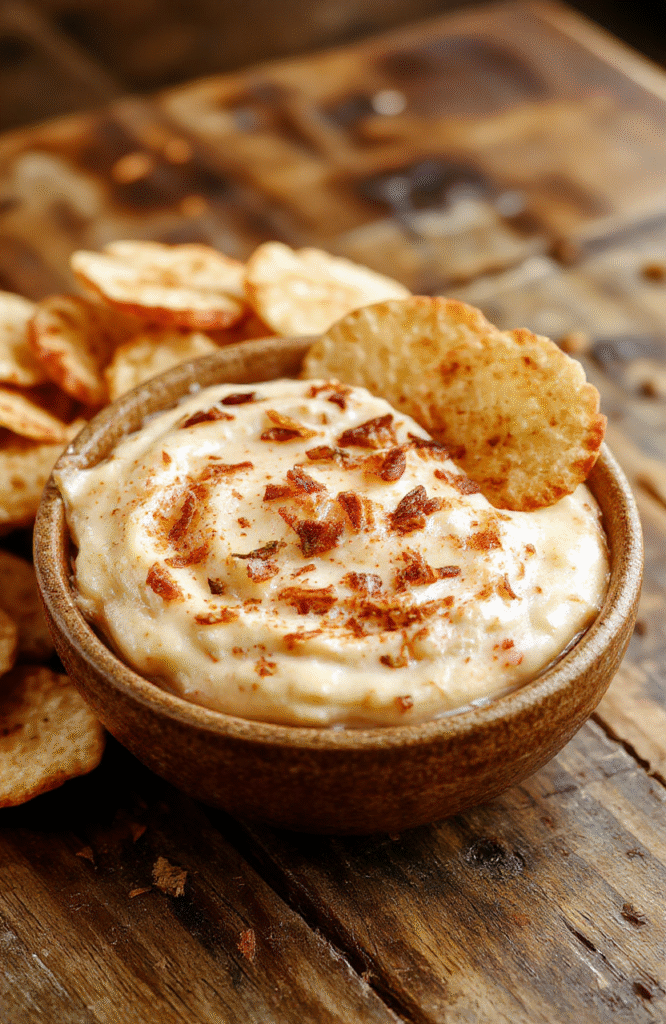 A vibrant bowl of creamy apple dip sprinkled with cinnamon, surrounded by crispy cinnamon chips on a rustic wooden table, with fresh apple slices and a cinnamon stick for garnish, styled in warm, inviting tones.