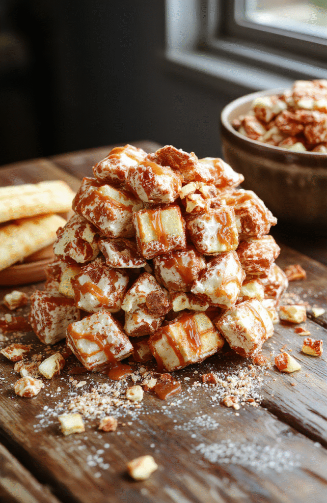 A vibrant bowl of caramel apple puppy chow sprinkled with colorful candy pieces, presented on a rustic wooden table with autumn leaves and cinnamon sticks, showcasing a crunchy, sticky texture and a glossy caramel coating.