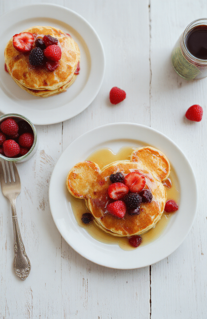 Colorful Mickey Mouse shaped pancakes stacked on a white plate, topped with fresh strawberries, blueberries, and a drizzle of syrup. The pancakes have a fluffy texture and golden-brown exterior, garnished with playful cartoon charm. Bright morning lighting enhances the vibrant colors, set on a cheerful breakfast table with a Disney-themed backdrop.