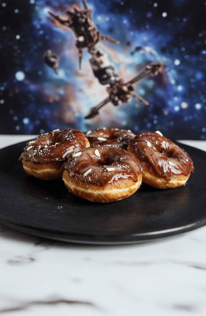 Colorful galaxy-themed donuts arranged on a sleek black plate, featuring swirling blue, purple, and pink icing with sprinkled star-shaped glitters, styled with a cosmic backdrop that emphasizes the Star Wars universe, with a hint of metallic silver accents and a soft glow creating a sci-fi ambiance.