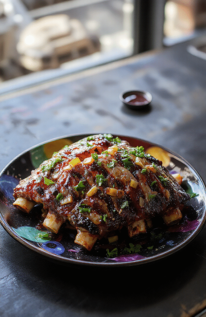 Colorful Dragon Ball Z Planet Vegeta themed BBQ ribs arranged on a vibrant plate, garnished with green herbs. The ribs are glazed with a glossy barbecue sauce, showcasing crispy edges and tender meat. The background features a fiery, cosmic scene with planets and stars, capturing the anime-inspired fantasy vibe with rich reds, blacks, and metallic accents, styled for a cinematic culinary experience.