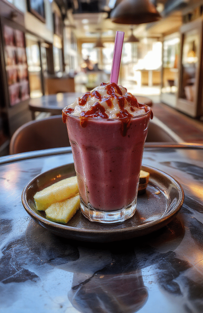 Vibrant blue and green energy shake in a sleek glass, topped with glowing fruit slices and neon sprinkles, set on a metallic futuristic surface with dynamic lighting, evoking a sci-fi and anime-inspired aesthetic.