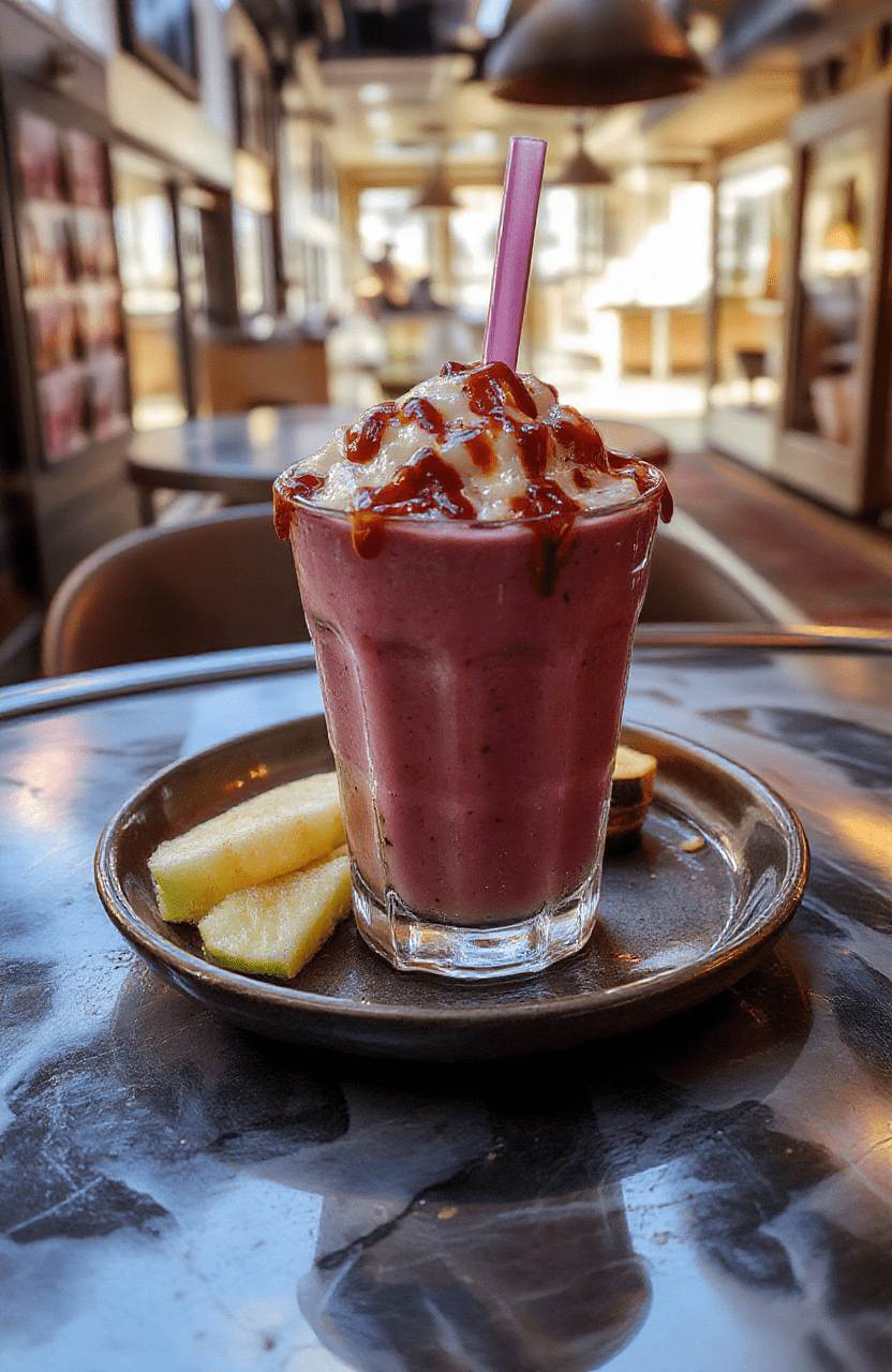 Vibrant blue and green energy shake in a sleek glass, topped with glowing fruit slices and neon sprinkles, set on a metallic futuristic surface with dynamic lighting, evoking a sci-fi and anime-inspired aesthetic.