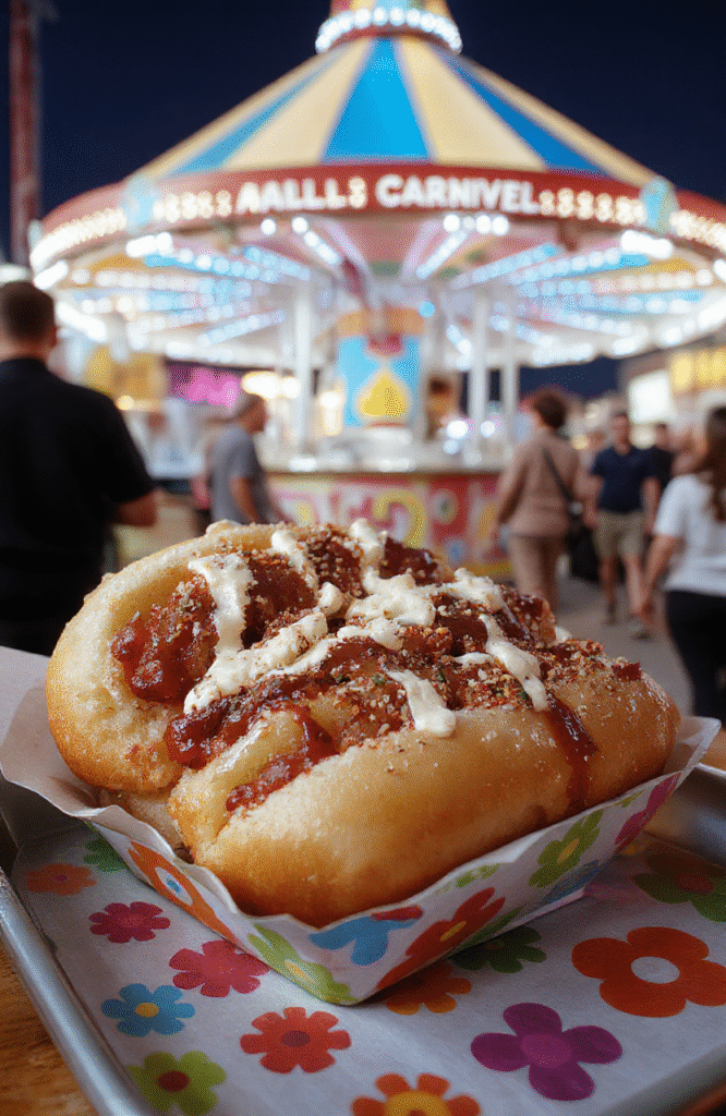 Colorful Dumbo Carnival Hot Dogs served on vibrant paper trays with bright condiments, topped with relish, ketchup, and mustard, presented in a festive carnival setting, with an array of classic carnival treats visible in the background, captured with lively and appetizing textures.