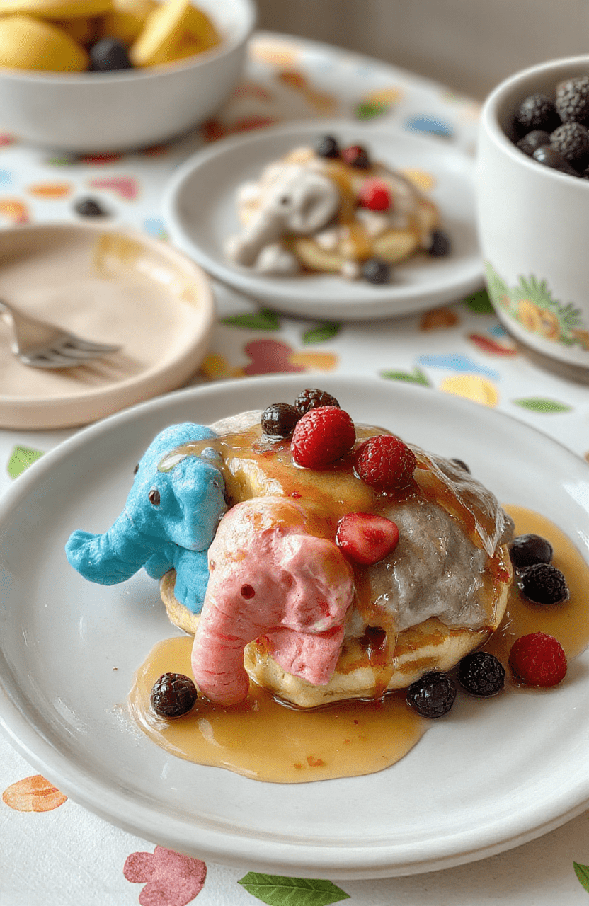 Colorful Dumbo Flying Elephant Pancakes stacked on a whimsical plate, topped with syrup and fresh fruit, with playful elephant-shaped pancakes in pastel shades, styled on a cheerful breakfast table with a fairy tale backdrop.