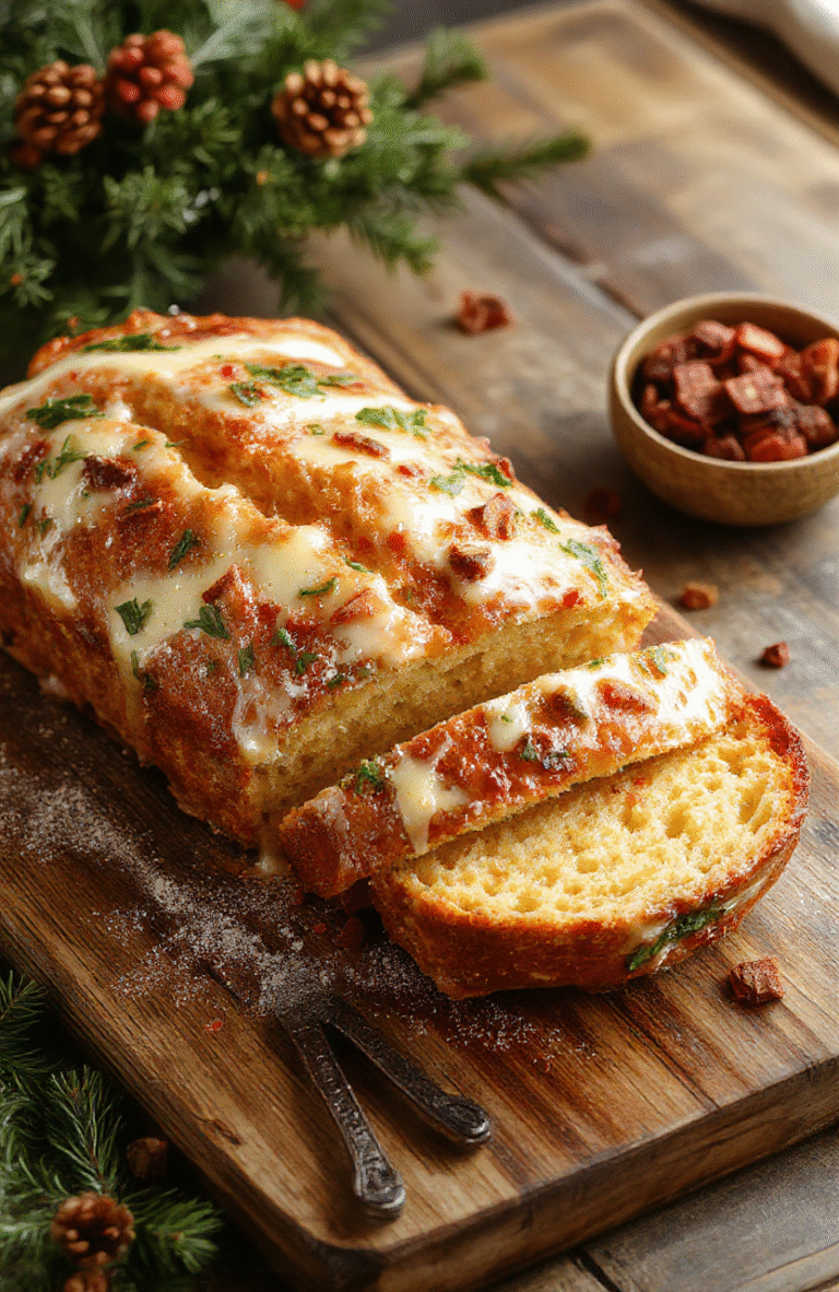 A golden-brown cheesy Christmas bread shaped in a festive tree form, topped with melted cheese and herbs, accented with red and green bell peppers, placed on a rustic wooden table with festive decorations in the background, highlighting gooey cheese and crisp crust textures.