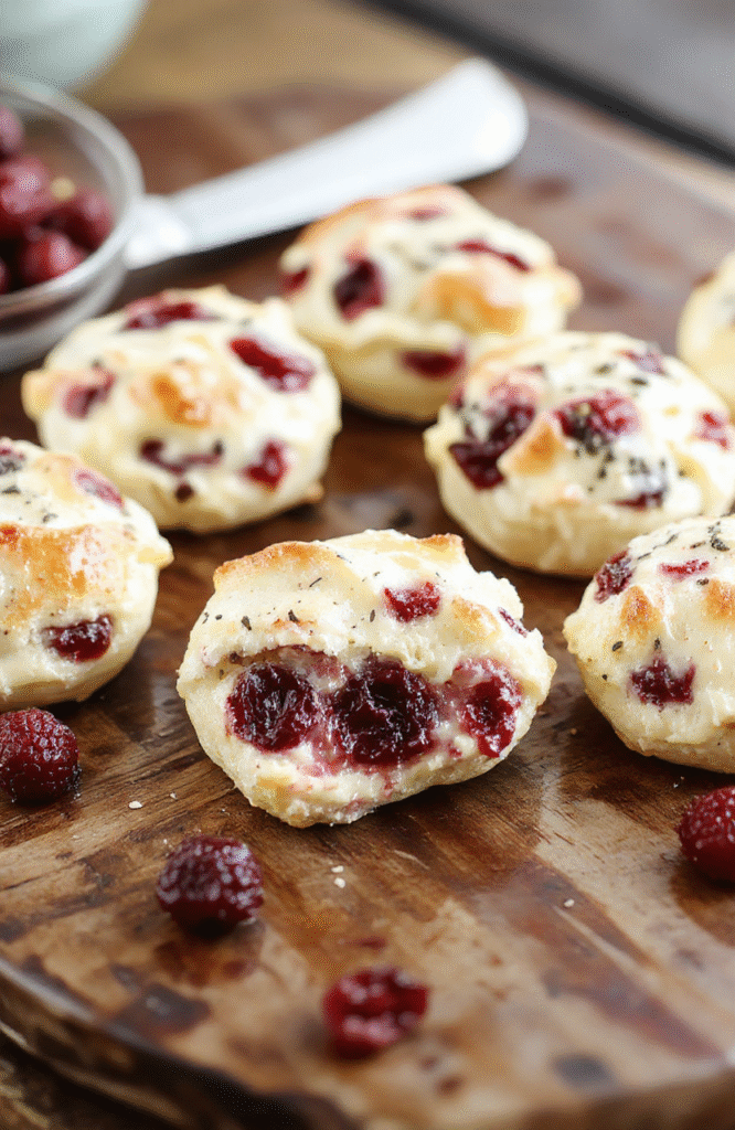 Bright red cranberries, creamy melted brie cheese, and golden puff pastry bites arranged on a rustic white plate, garnished with fresh thyme and a drizzle of honey, styled with colorful holiday decorations in the background, emphasizing a festive and elegant holiday appetizer.