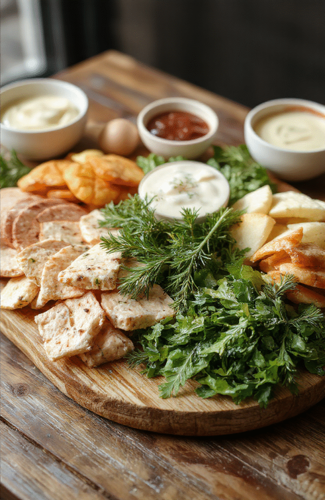 A vibrant and inviting holiday charcuterie board featuring an assortment of colorful cheeses, cured meats, fresh fruits, nuts, and festive garnishes. The board is artfully arranged on a rustic wooden platter with seasonal decorations like sprigs of holly and mini pumpkins, showcasing textures from creamy cheeses to crunchy crackers and fresh fruit slices, styled for a warm and welcoming holiday gathering.