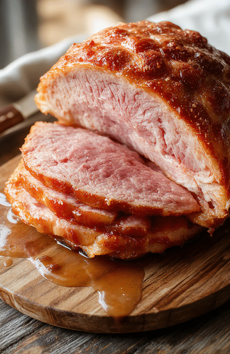 A golden-brown honey glazed ham sitting on a white platter, garnished with fresh rosemary and orange slices, with a shiny caramelized surface, sliced to reveal tender, juicy meat, styled on a rustic wooden table with festive holiday accents in the background.